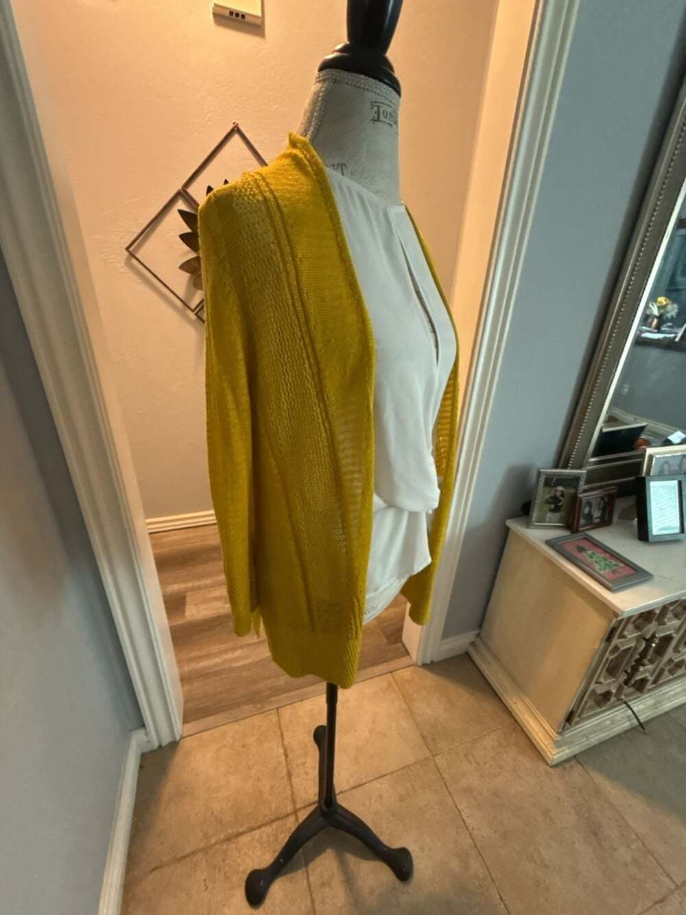 Alfani Womens L Cardigan Knit Yellow Perforated 3/4 Sleeve Linen Blend NWT